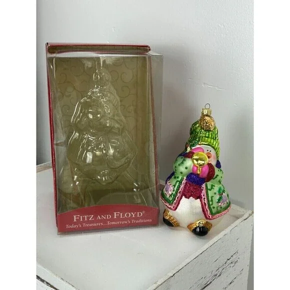 Vintage Fitz And Floyd Large 7 Inch Glass Christmas Ornament Snowman Horn Rck - Picture 6 of 11